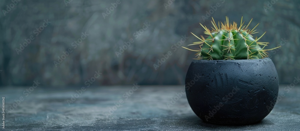 Poster mini cactus ornamental plant in black pot. with copy space image. place for adding text or design