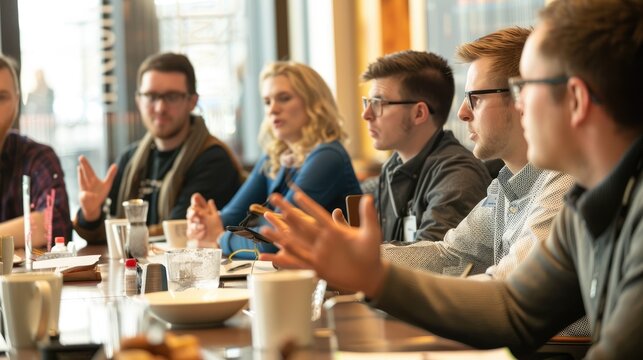Colleagues discussing work over breakfast at a cafe AIG535