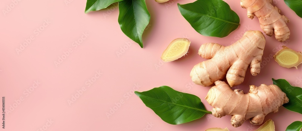 Poster ginger with leaves isolated on a white clipping path pastel background. with copy space image. place
