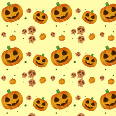 Halloween Pattern with Pumpkins, Skull Spooky Cartoon Style Premium Vector