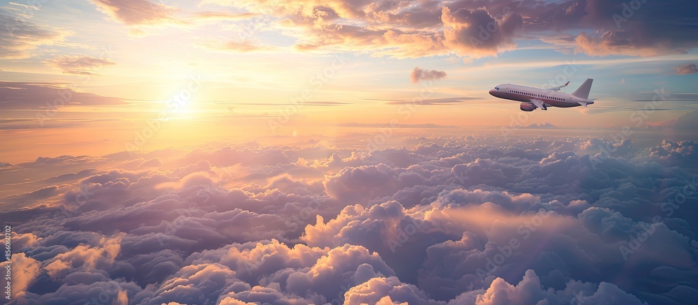 Aufkleber commercial airplane flying above clouds in dramatic sunset light. high resolution of image. fast tra