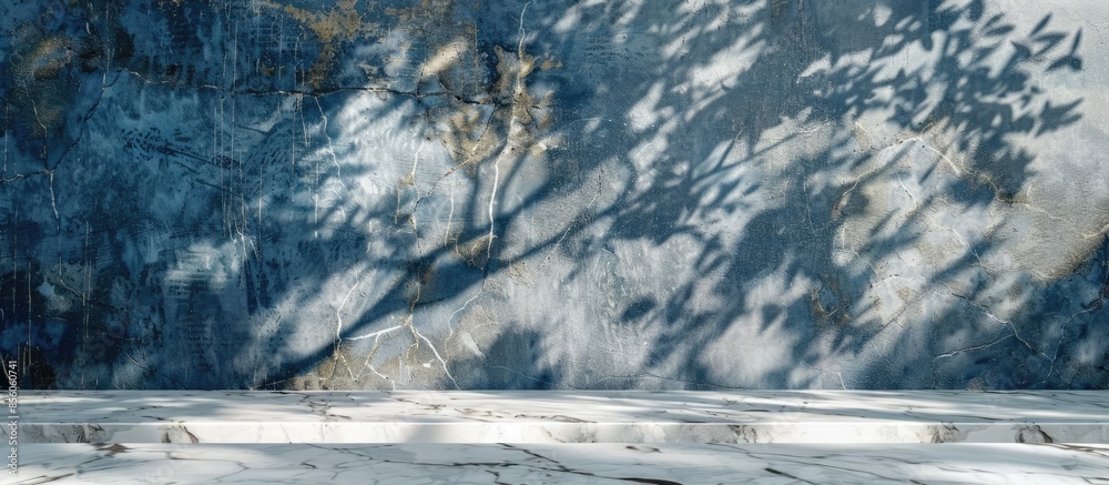 Poster White Marble Table with Tree Shadow on Blue Concrete Wall Texture Background, Suitable for Product Presentation Backdrop, Display, and Mock up. with copy space image. Place for adding text or design