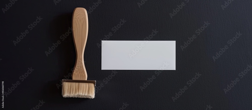 Poster barbershop concept with wooden handle razor and blank white business card on black background. copy 