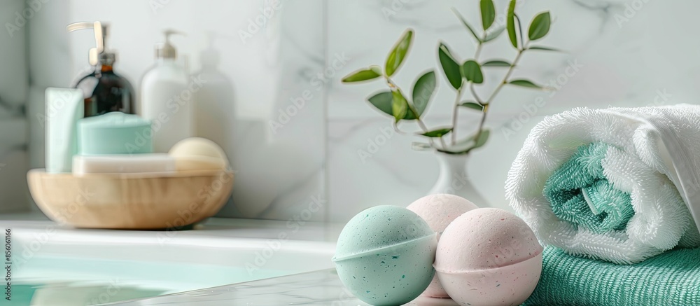 Aufkleber Clean soft towels and bath bombs in bathroom, space for text . with copy space image. Place for adding text or design