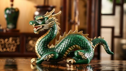 Fototapeta premium Elegant Green Dragon Figurine with Golden Accents, Generative AI