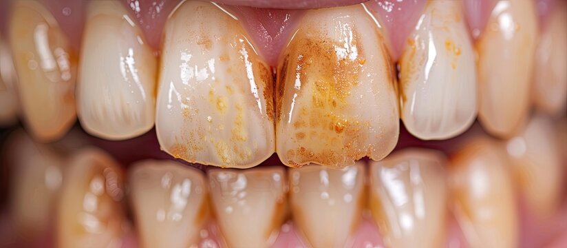 Teeth discolored in Dental with Fluorosis pitted of grooved Turner's hypoplasia. Copy space image. Place for adding text or design