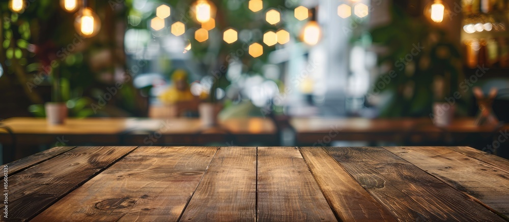 Aufkleber selected focus empty brown wooden table and coffee shop or restuarant blur background with bokeh ima