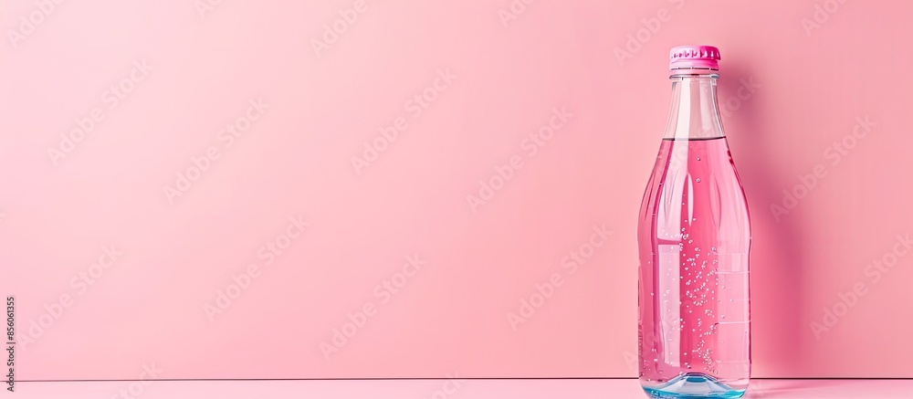 Poster Transparent soft drink soda bottle without label isolated on a pastel background. with copy space image. Place for adding text or design