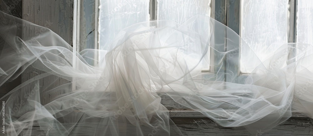 Poster Transparent white tulle on the window. with copy space image. Place for adding text or design