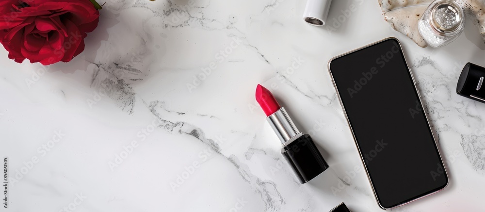 Aufkleber cosmetics and smartphones in the sinkfoundation, lipstick and smartphone. with copy space image. pla