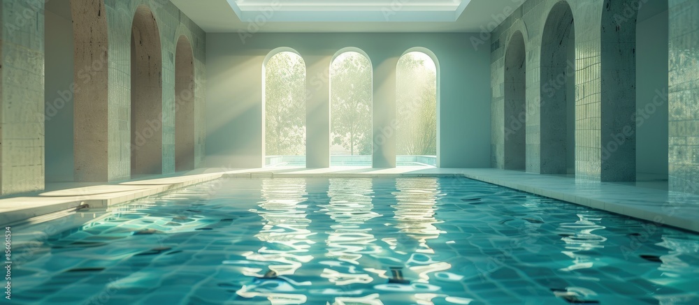Poster house interiors, private swimming pool. with copy space image. place for adding text or design