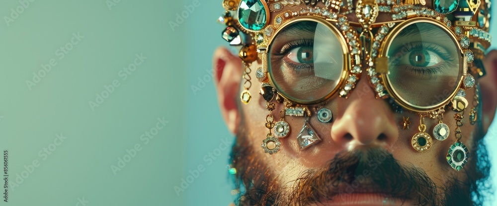 Wall mural a man wearing a pair of steampunk goggles made of cogs and jewels aigz01