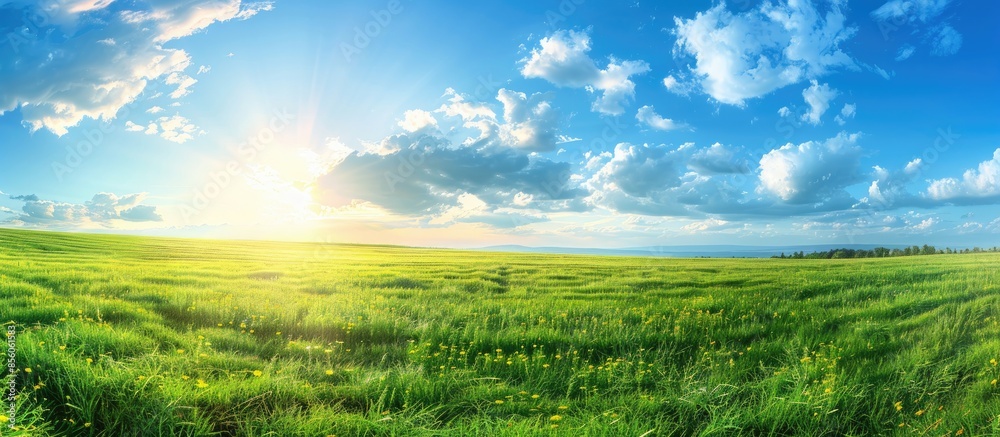 Fototapete Panoramic natural landscape with green grass field and blue sky with clouds with curved horizon line. Panorama summer spring meadow. Copy space image. Place for adding text or design