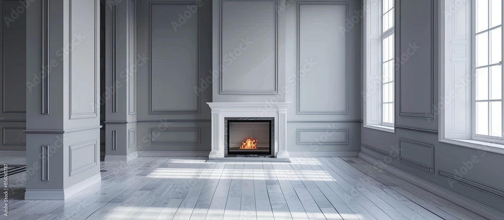 Poster the gray hall of the family home in a minimalist style, a fireplace is visible, the walls in shades 