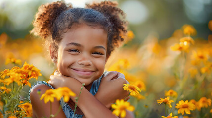 Fototapeta premium Cute little girl with an afro smiles and hugs herself in a blooming field