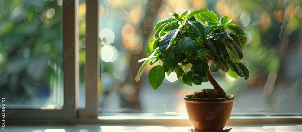 Fototapete money tree flower in a pot on the windowsill. with copy space image. place for adding text or design