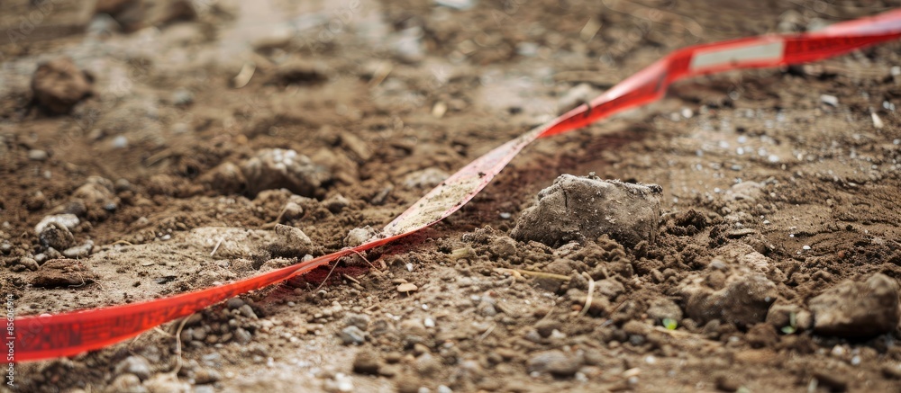 Poster Soil on earth as texture and background. Warning or protective tape at a construction site. with copy space image. Place for adding text or design
