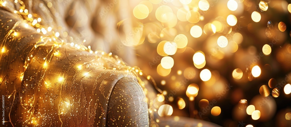 Poster sparkling gold christmas garland with lights on the arm chair. with copy space image. place for addi