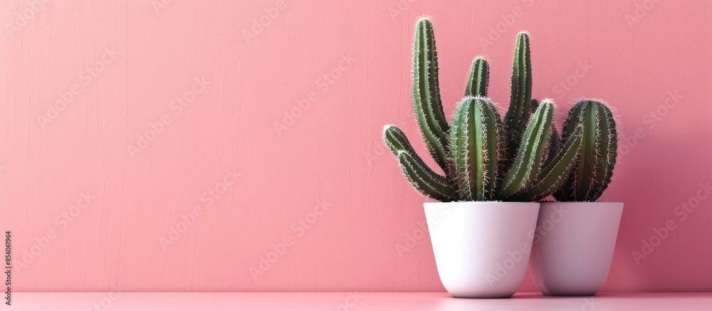 Poster potted cactus isolated on pastel background wood background. with copy space image. Place for adding text or design