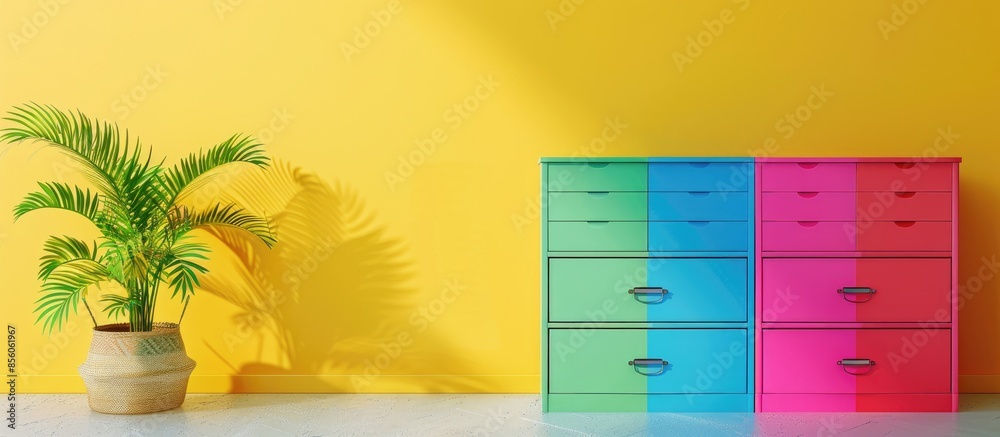 Poster plastic dresser with colorful drawers. with copy space image. place for adding text or design