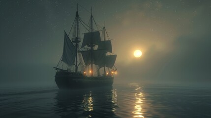Obraz premium Sailing ship in sea water with moon.