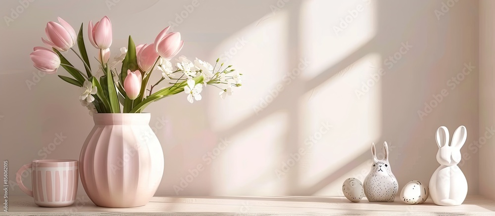 Poster vase with tulips, cups and easter rabbits on table near light wall in bedroom interior. with copy sp