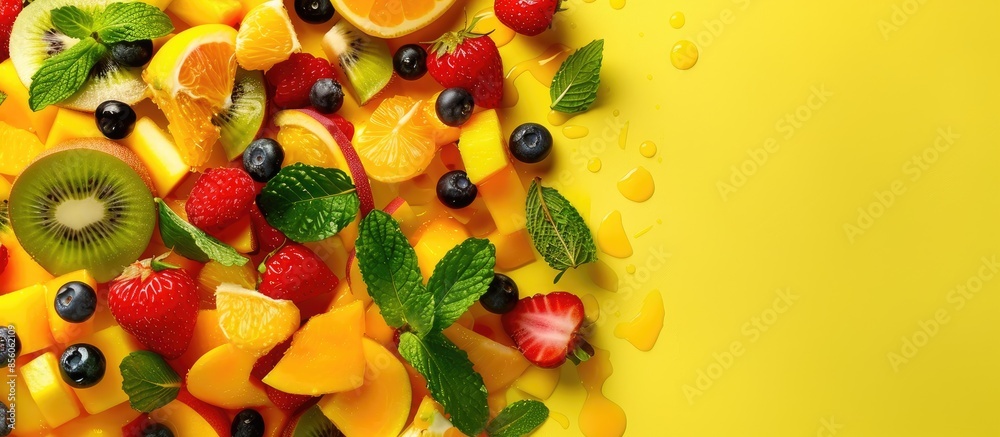 Leinwandbilder delicious exotic fruit salad on yellow background, top view. space for text. copy space image. place
