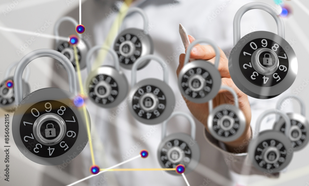 Poster Information technology protected with firewall, secure access and encryption against cyber