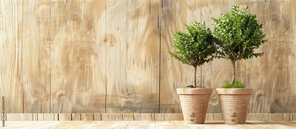 Aufkleber trees in pots have a light brown background and are placed on a woody background,interior decoration