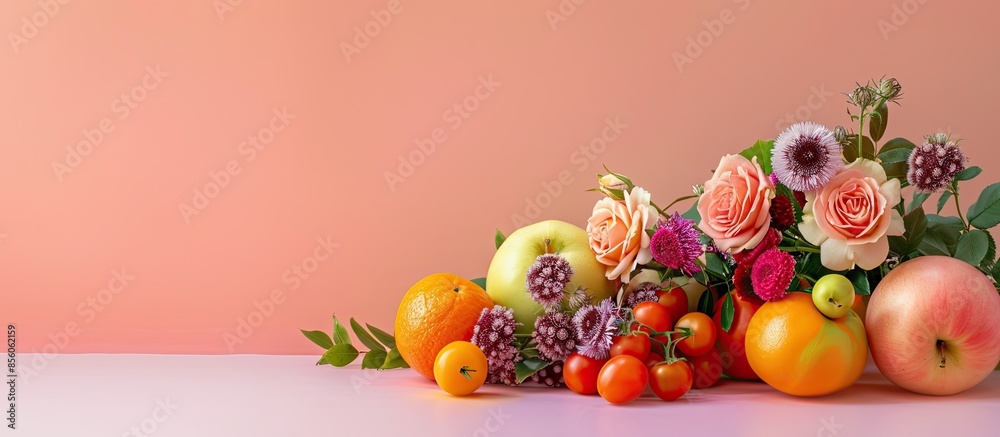 Poster Still life with asters and roses bunch with fruits Isolated on pastel background. with copy space image. Place for adding text or design