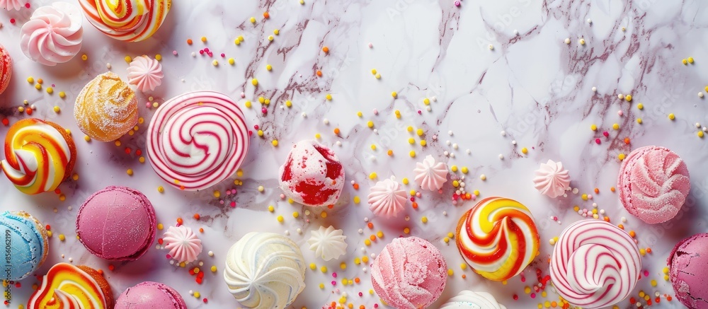 Fototapete Mixed colorful sweets close up on marble background pastel background. with copy space image. Place for adding text or design
