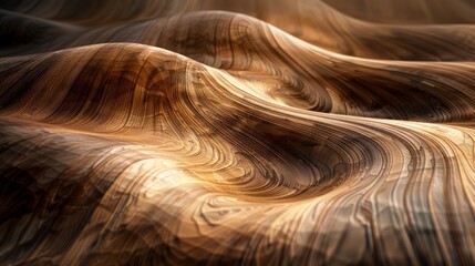 Naklejka premium Abstract 3D render of wooden texture with flowing, wave-like contours and golden lighting, creating a warm, dynamic, and artistic visual effect.