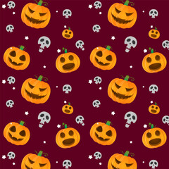 Halloween Pattern with Pumpkins, Skull Spooky Cartoon Style Premium Vector