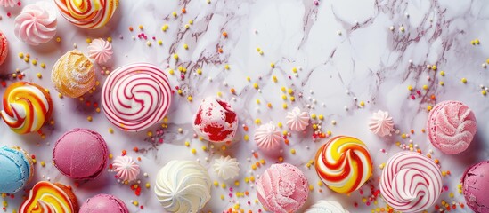 Mixed colorful sweets close up on marble background pastel background. with copy space image. Place for adding text or design © vxnaghiyev