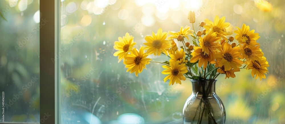 Poster beautiful yellow flowers in a vase on a window in natural light. yellow flowers golden ball. yellow 