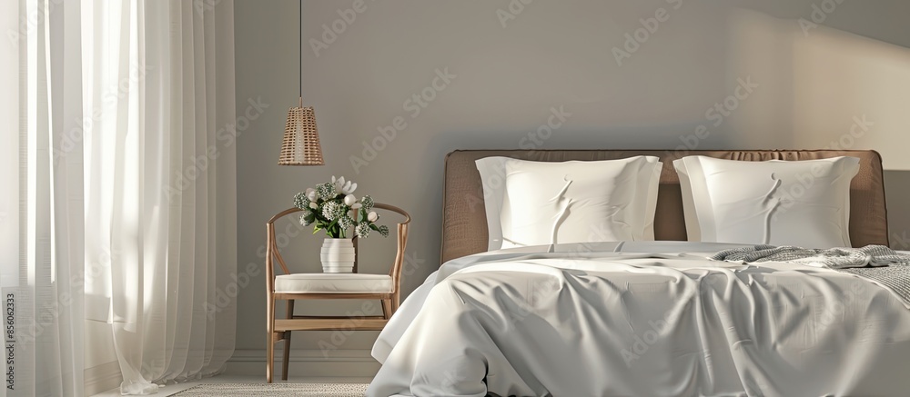 Poster one double bed. bedroom with a large bed. interior. bed with soft headboard. with copy space image. Place for adding text or design
