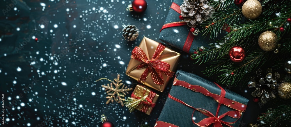 Poster christmas presents under decorated christmas tree. with copy space image. Place for adding text or design