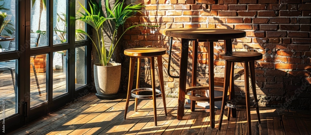 Poster cafe decoration design. round wooden table with two modern bar stools on wooden floor near the glass