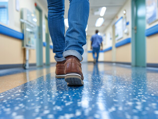 Close-up of a person's feet walking in a hospital corridor, symbolizing healthcare journeys and patient experiences.