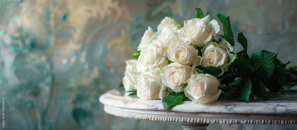 Poster bouquet of white roses on marble table in interior of the baroque style. with copy space image. plac
