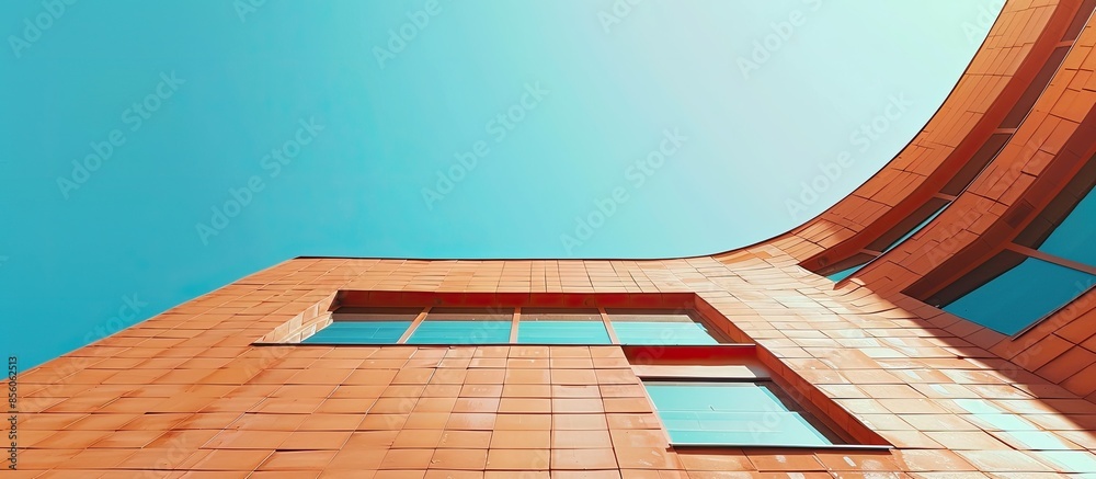 Aufkleber Modern art curved building with empty brick square against clear sky background. Copy space image. Place for adding text or design