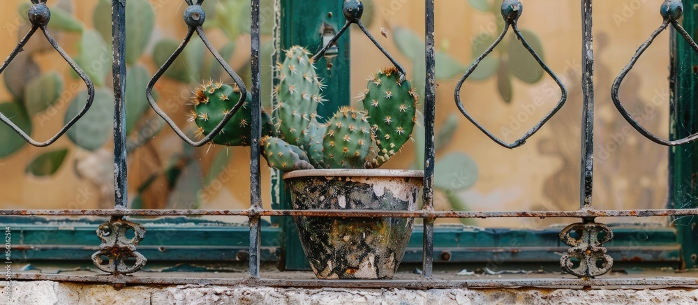 Poster cactus on window behind metal lattice. with copy space image. Place for adding text or design