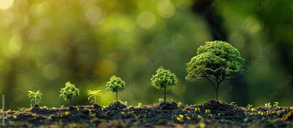 Aufkleber Small trees of different sizes growing on green background concept of caring for the environment and world environment day. with copy space image. Place for adding text or design