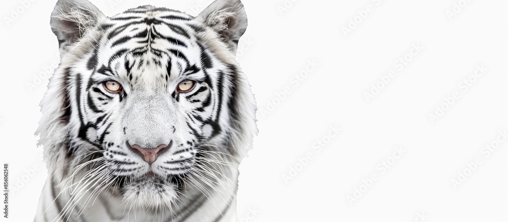 Poster face of a white bengal tiger, isolated on white background. mask of the biggest cat. wild beauty of 