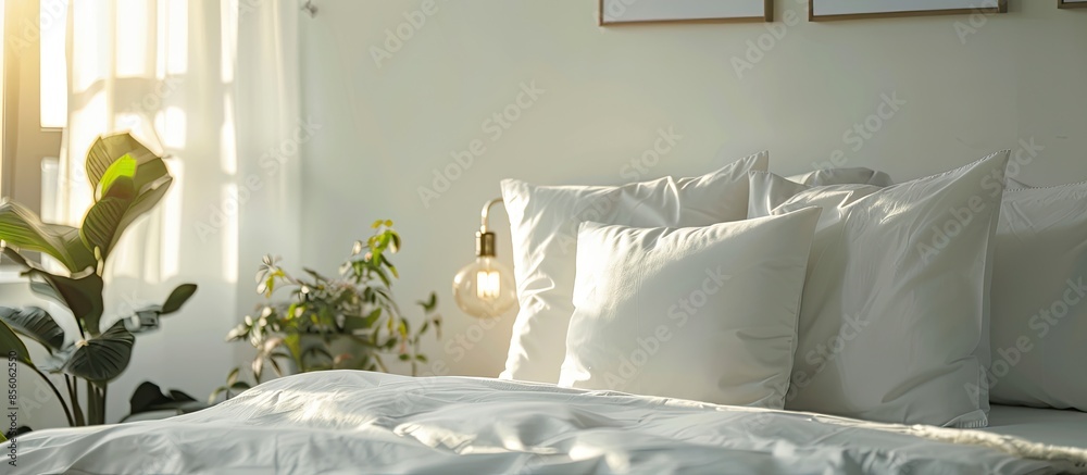 Poster white pillow on bed with table light lamp decoration in bedroom interior. with copy space image. pla