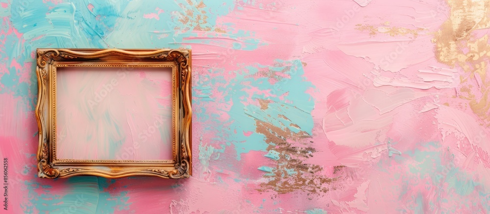 Poster Empty picture frame isolated on pastel background, landscape format, in a distressed gilt finish. with copy space image. Place for adding text or design