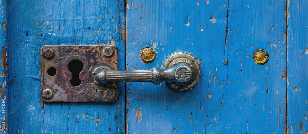 Aufkleber metal handle and keyhole of blue entrance door. with copy space image. place for adding text or desi