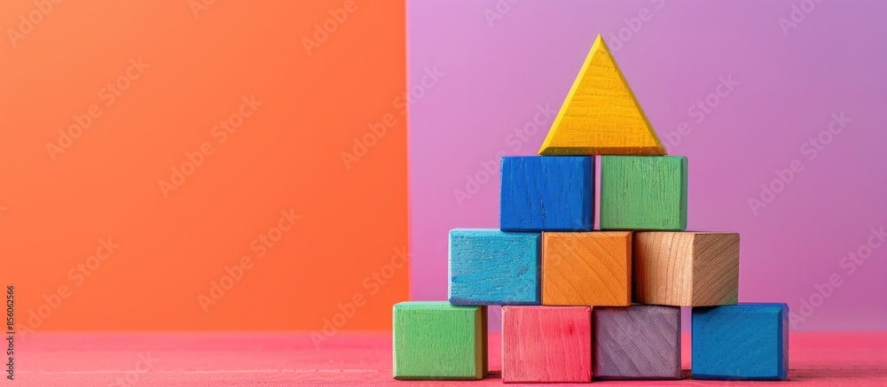 Poster colorful wooden toy blocks and orange pyramid pastel background. colourful. with copy space image. p