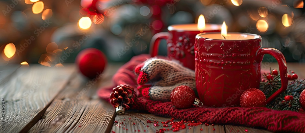 Poster A Christmas red mug in the background with mittens and candles. with copy space image. Place for adding text or design
