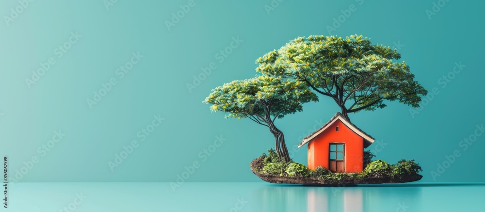 Poster small beautiful house ficus tree. with copy space image. Place for adding text or design